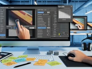 Moderner, heller Arbeitsplatz mit großem Monitor: unscharfes Bild neben hochskalierter, detailreicher Version; Open-Source-App (Upscayl/Cupscale), Notizen zu SSIM, PSNR, LPIPS, Maus klickt „Upscaling“-Button.
