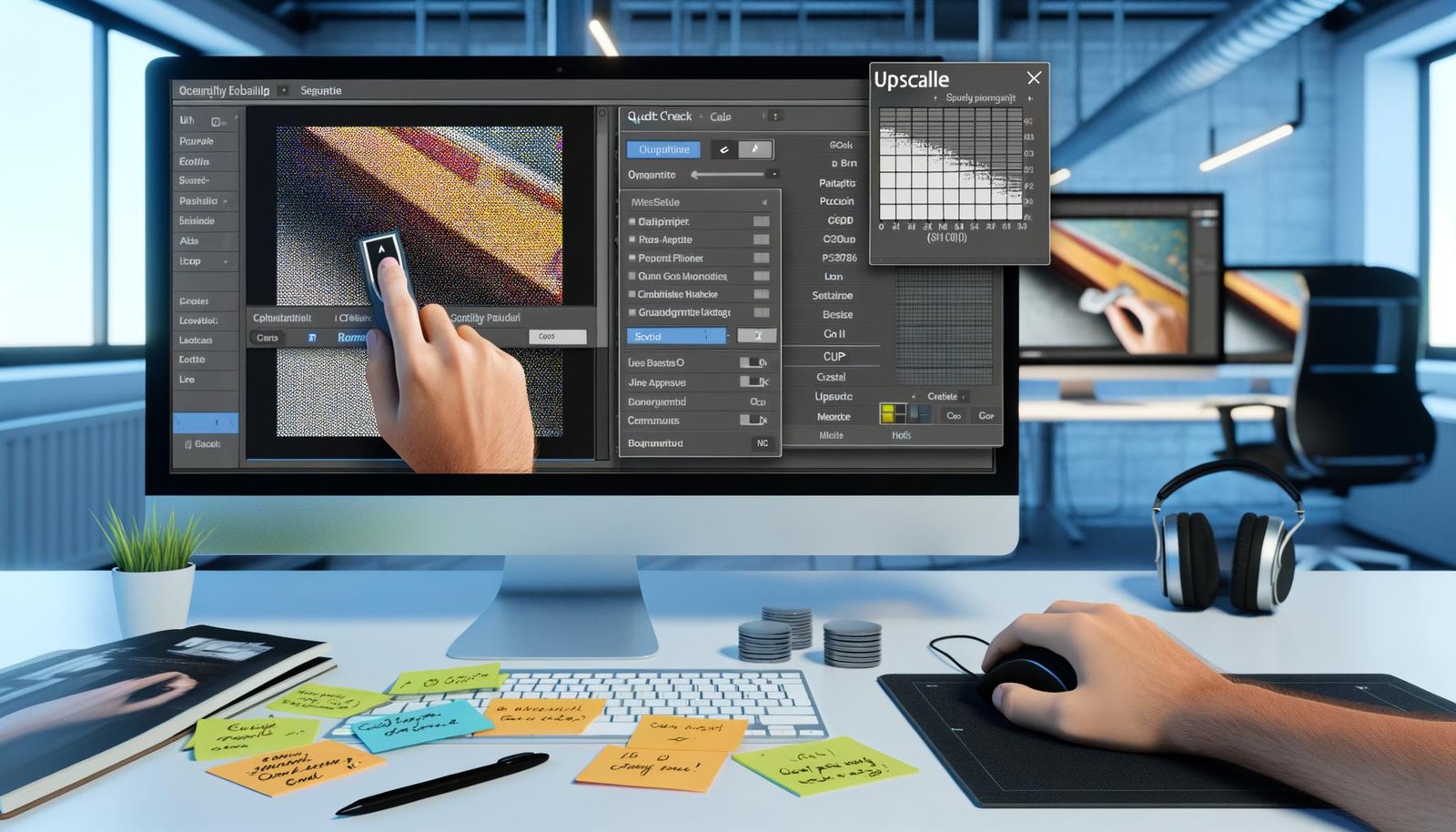 Moderner, heller Arbeitsplatz mit großem Monitor: unscharfes Bild neben hochskalierter, detailreicher Version; Open-Source-App (Upscayl/Cupscale), Notizen zu SSIM, PSNR, LPIPS, Maus klickt „Upscaling“-Button.