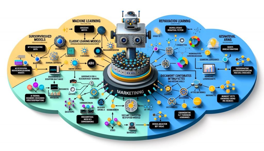 Moderne Infografik zeigt Arten von KI im Marketing: überwacht, unüberwacht und Bestärkungslernen; Generative KI mit LLM und Diffusionsmodell; Symbolische KI mit Wissensgraphen und Regeln; zentraler RAG-Flow mit Embeddings und Vektordatenbanken; operative Layer für Observability, Kostenkontrolle und Governance.