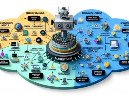 Moderne Infografik zeigt Arten von KI im Marketing: überwacht, unüberwacht und Bestärkungslernen; Generative KI mit LLM und Diffusionsmodell; Symbolische KI mit Wissensgraphen und Regeln; zentraler RAG-Flow mit Embeddings und Vektordatenbanken; operative Layer für Observability, Kostenkontrolle und Governance.