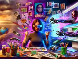 Futuristisches Kreativstudio: links Pinsel, Leinwand, Bleistifte, Skizzenbücher; rechts Monitore, Kabel, AR-Brillen und KI-Interfaces (Midjourney, Stable Diffusion, DALL·E). Eine Person hält einen Pinsel und tippt einen langen Prompt.