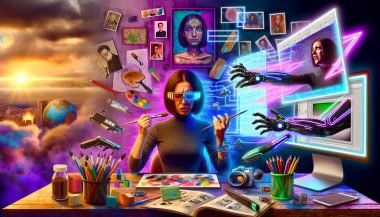 Futuristisches Kreativstudio: links Pinsel, Leinwand, Bleistifte, Skizzenbücher; rechts Monitore, Kabel, AR-Brillen und KI-Interfaces (Midjourney, Stable Diffusion, DALL·E). Eine Person hält einen Pinsel und tippt einen langen Prompt.