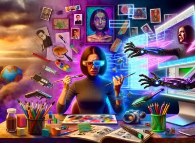 Futuristisches Kreativstudio: links Pinsel, Leinwand, Bleistifte, Skizzenbücher; rechts Monitore, Kabel, AR-Brillen und KI-Interfaces (Midjourney, Stable Diffusion, DALL·E). Eine Person hält einen Pinsel und tippt einen langen Prompt.