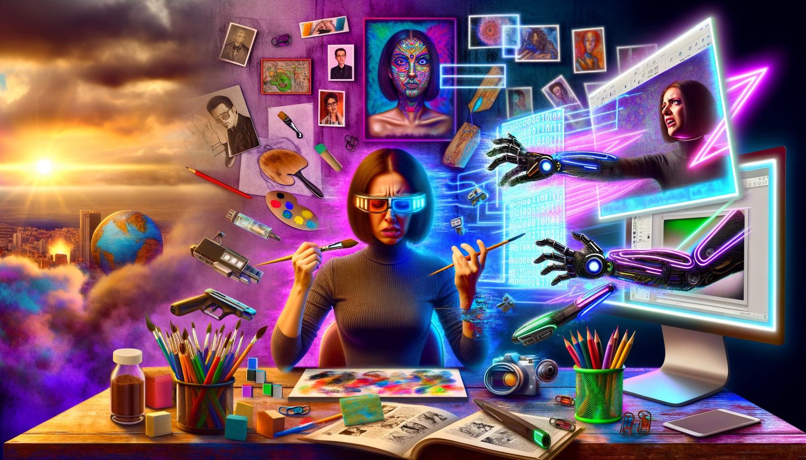 Futuristisches Kreativstudio: links Pinsel, Leinwand, Bleistifte, Skizzenbücher; rechts Monitore, Kabel, AR-Brillen und KI-Interfaces (Midjourney, Stable Diffusion, DALL·E). Eine Person hält einen Pinsel und tippt einen langen Prompt.