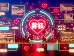 Collage: rotes Neon‑„我爱你“, 520/1314, China‑Skyline, Icons von WeChat und Douyin; junge Paare mit Smartphones und QR‑Codes; rot‑goldene Premium‑Optik.