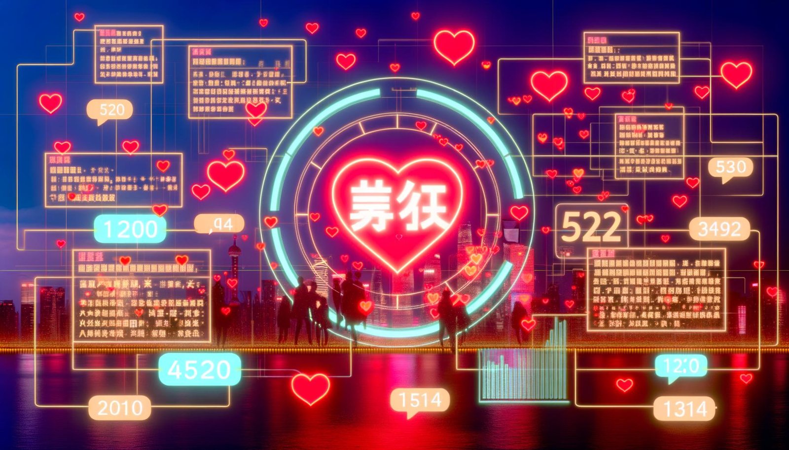 Collage: rotes Neon‑„我爱你“, 520/1314, China‑Skyline, Icons von WeChat und Douyin; junge Paare mit Smartphones und QR‑Codes; rot‑goldene Premium‑Optik.
