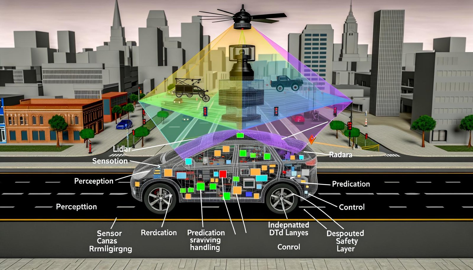 Realistische Querschnittsgrafik eines autonomen Fahrzeugprototyps in urbaner Umgebung mit LiDAR, Radar, Kameras; Sensorfusion, 3D‑Bounding‑Boxen, HD‑Mapping, AV‑Stack und Safety‑Layer; Telemetrie/OTA, Redundanzen.