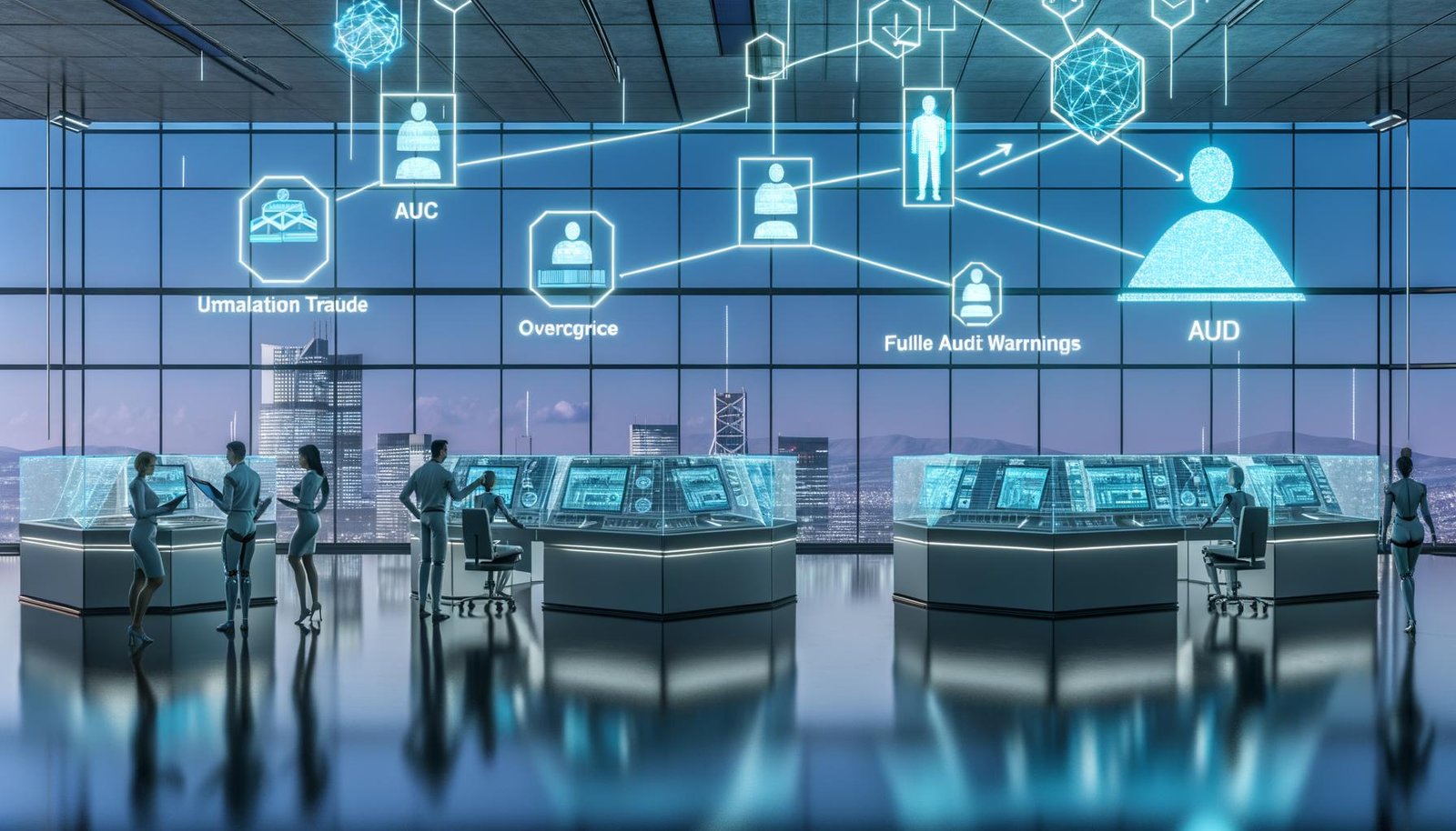 Ultramoderner KI‑Finanzkontrollraum mit transparenten Bildschirmen, Handel/Compliance/Fraud‑Alerts, Menschen neben humanoiden Robotern und KPIs AUC/PRAUC/Latenz; Roboterarm signiert Audit‑Logs.