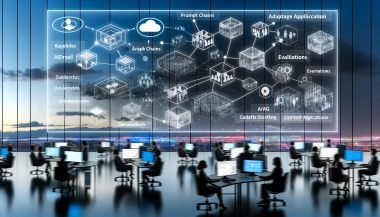 Hightech-Arbeitsplatz mit Team an Monitoren und digitalen Dashboards; Flowchart zeigt modulare KI-Bausteine (Prompt Chains, Agents, RAG, Evaluation), Datenströme zwischen On-Premise und Cloud, Guardrails für SEO/Ads/E-Mail und Compliance, Vektor-Datenbanken, ETL, A/B-Tests; Kobold-Maskottchen leuchtet den Weg aus veralteten Tabellen und Folien.