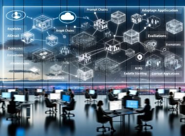 Hightech-Arbeitsplatz mit Team an Monitoren und digitalen Dashboards; Flowchart zeigt modulare KI-Bausteine (Prompt Chains, Agents, RAG, Evaluation), Datenströme zwischen On-Premise und Cloud, Guardrails für SEO/Ads/E-Mail und Compliance, Vektor-Datenbanken, ETL, A/B-Tests; Kobold-Maskottchen leuchtet den Weg aus veralteten Tabellen und Folien.