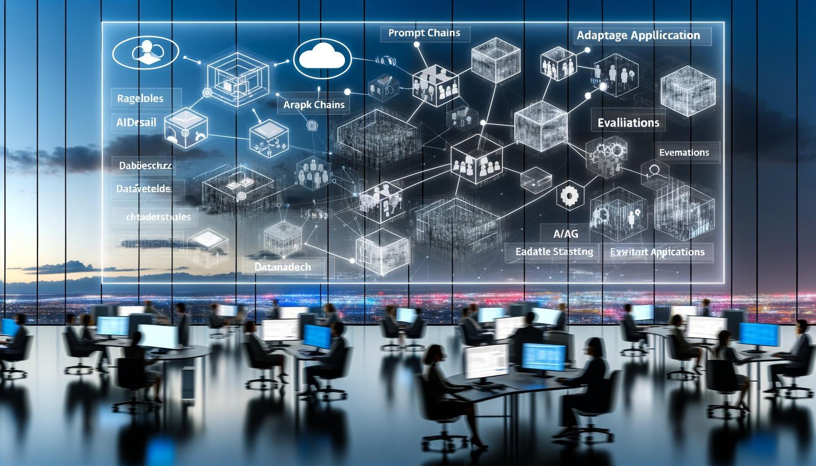Hightech-Arbeitsplatz mit Team an Monitoren und digitalen Dashboards; Flowchart zeigt modulare KI-Bausteine (Prompt Chains, Agents, RAG, Evaluation), Datenströme zwischen On-Premise und Cloud, Guardrails für SEO/Ads/E-Mail und Compliance, Vektor-Datenbanken, ETL, A/B-Tests; Kobold-Maskottchen leuchtet den Weg aus veralteten Tabellen und Folien.