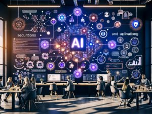 Team in modernem KI‑Workspace mit Screens und Whiteboards voller KI‑Flowcharts; zentrale, leuchtende Newsletter‑UI mit KPIs und Playbooks; Icons für E‑Mail‑Zustellbarkeit, Tracking und Compliance; Insights fließen in Roadmaps, Dashboards und Repositories; dezentes 404‑Magazine‑Branding.
