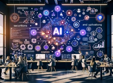 Team in modernem KI‑Workspace mit Screens und Whiteboards voller KI‑Flowcharts; zentrale, leuchtende Newsletter‑UI mit KPIs und Playbooks; Icons für E‑Mail‑Zustellbarkeit, Tracking und Compliance; Insights fließen in Roadmaps, Dashboards und Repositories; dezentes 404‑Magazine‑Branding.