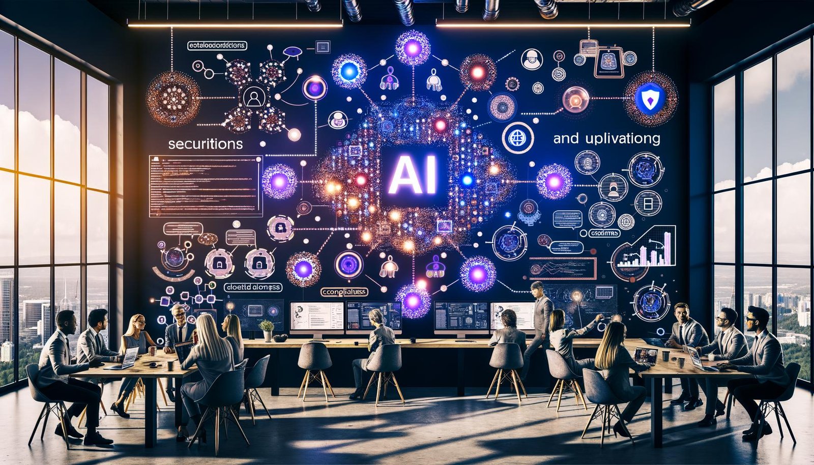Team in modernem KI‑Workspace mit Screens und Whiteboards voller KI‑Flowcharts; zentrale, leuchtende Newsletter‑UI mit KPIs und Playbooks; Icons für E‑Mail‑Zustellbarkeit, Tracking und Compliance; Insights fließen in Roadmaps, Dashboards und Repositories; dezentes 404‑Magazine‑Branding.