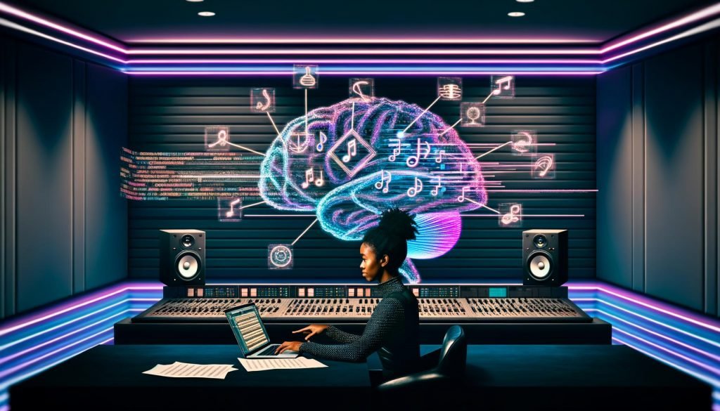 Junger Produzent am Laptop in einem modernen Studio; auf großen Displays wandeln KI-Visualisierungen getippte Worte in neuronale Netz-Blueprints und Audiowellenformen; holografische Noten, Schaltpläne, diffusionsähnliche Muster, Neonlicht, Rechte-Icons und Robotersilhouetten.