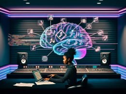 Junger Produzent am Laptop in einem modernen Studio; auf großen Displays wandeln KI-Visualisierungen getippte Worte in neuronale Netz-Blueprints und Audiowellenformen; holografische Noten, Schaltpläne, diffusionsähnliche Muster, Neonlicht, Rechte-Icons und Robotersilhouetten.