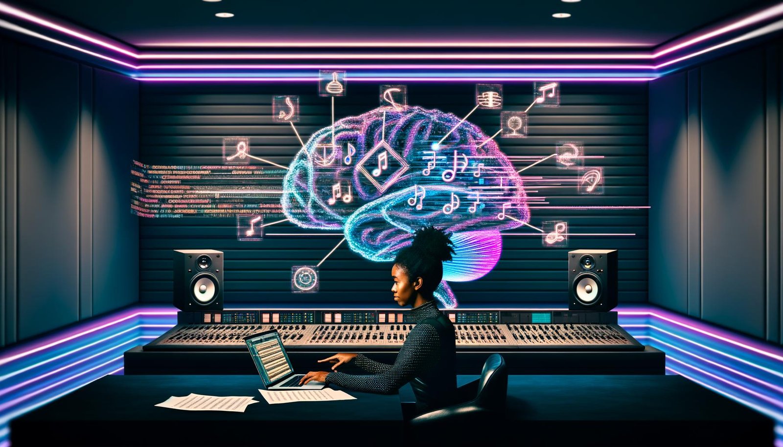 Junger Produzent am Laptop in einem modernen Studio; auf großen Displays wandeln KI-Visualisierungen getippte Worte in neuronale Netz-Blueprints und Audiowellenformen; holografische Noten, Schaltpläne, diffusionsähnliche Muster, Neonlicht, Rechte-Icons und Robotersilhouetten.
