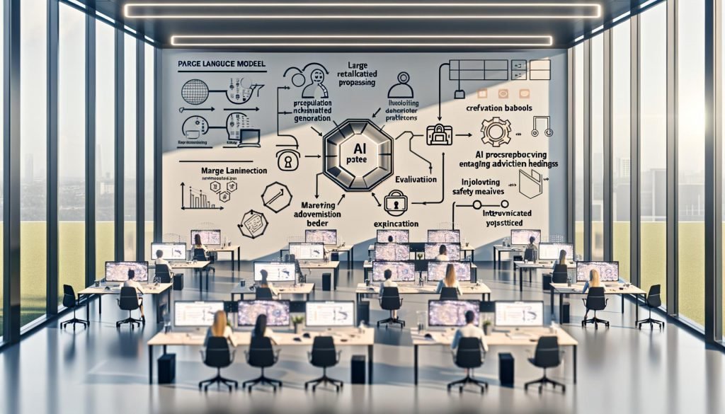 Dynamisches Großraumbüro mit modernen Workstations und großen Dashboards; Marketer arbeiten kollaborativ an holografischen UIs. Bildschirme zeigen End-to-End-KI-Workflows mit Datenquellen, LLM, RAG, Guardrails, Evaluation, Skalierung und vernetzten Agenten für Content- und Gebotsoptimierung; Sicherheits- und Compliance-Symbole sichtbar.