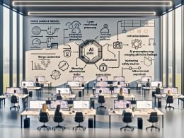 Dynamisches Großraumbüro mit modernen Workstations und großen Dashboards; Marketer arbeiten kollaborativ an holografischen UIs. Bildschirme zeigen End-to-End-KI-Workflows mit Datenquellen, LLM, RAG, Guardrails, Evaluation, Skalierung und vernetzten Agenten für Content- und Gebotsoptimierung; Sicherheits- und Compliance-Symbole sichtbar.