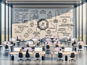 Dynamisches Großraumbüro mit modernen Workstations und großen Dashboards; Marketer arbeiten kollaborativ an holografischen UIs. Bildschirme zeigen End-to-End-KI-Workflows mit Datenquellen, LLM, RAG, Guardrails, Evaluation, Skalierung und vernetzten Agenten für Content- und Gebotsoptimierung; Sicherheits- und Compliance-Symbole sichtbar.