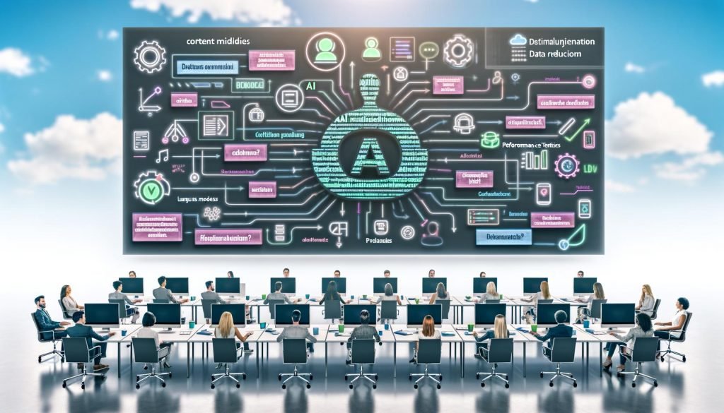 Diverses Redaktionsteam vor Laptops und Großbildschirmen mit hervorgehobenen deutschen Texten und KI-Korrekturvorschlägen; Visuals zu KI, Datenschutz, Metriken und automatisierter CMS‑Pipeline.