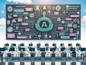Diverses Redaktionsteam vor Laptops und Großbildschirmen mit hervorgehobenen deutschen Texten und KI-Korrekturvorschlägen; Visuals zu KI, Datenschutz, Metriken und automatisierter CMS‑Pipeline.