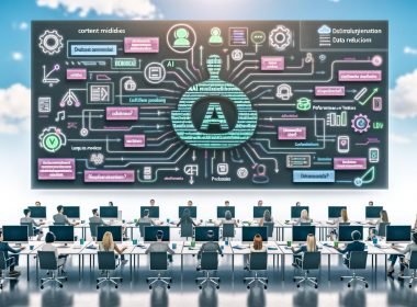 Diverses Redaktionsteam vor Laptops und Großbildschirmen mit hervorgehobenen deutschen Texten und KI-Korrekturvorschlägen; Visuals zu KI, Datenschutz, Metriken und automatisierter CMS‑Pipeline.