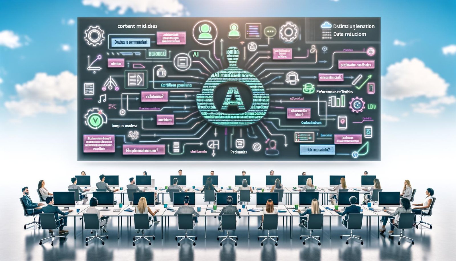Diverses Redaktionsteam vor Laptops und Großbildschirmen mit hervorgehobenen deutschen Texten und KI-Korrekturvorschlägen; Visuals zu KI, Datenschutz, Metriken und automatisierter CMS‑Pipeline.