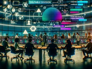 Futuristisches Büro: diverses Marketingteam kollaboriert vor großen Bildschirmen mit dynamischen, nahtlosen KI-GIF-Loops; sichtbare Tools Stable Diffusion, AnimateDiff, Canva und FFMPEG; schwebende Prompts, Parameter-Slider, Farbpaletten, Frameraten-Grafen und Kompressions-Icons.