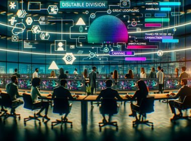 Futuristisches Büro: diverses Marketingteam kollaboriert vor großen Bildschirmen mit dynamischen, nahtlosen KI-GIF-Loops; sichtbare Tools Stable Diffusion, AnimateDiff, Canva und FFMPEG; schwebende Prompts, Parameter-Slider, Farbpaletten, Frameraten-Grafen und Kompressions-Icons.