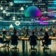 Futuristisches Büro: diverses Marketingteam kollaboriert vor großen Bildschirmen mit dynamischen, nahtlosen KI-GIF-Loops; sichtbare Tools Stable Diffusion, AnimateDiff, Canva und FFMPEG; schwebende Prompts, Parameter-Slider, Farbpaletten, Frameraten-Grafen und Kompressions-Icons.