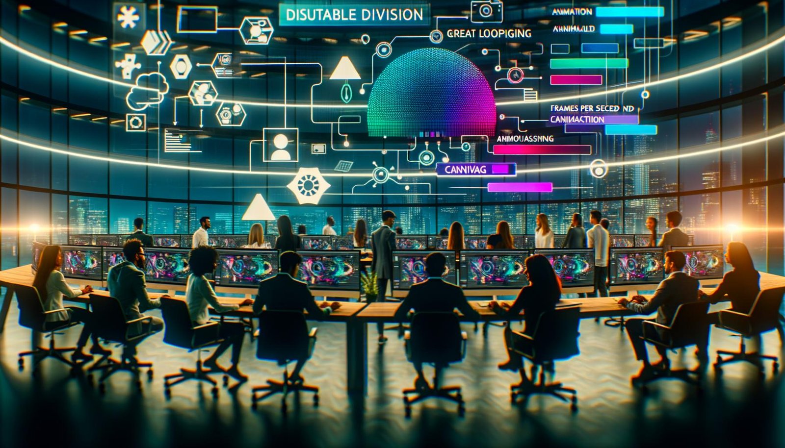 Futuristisches Büro: diverses Marketingteam kollaboriert vor großen Bildschirmen mit dynamischen, nahtlosen KI-GIF-Loops; sichtbare Tools Stable Diffusion, AnimateDiff, Canva und FFMPEG; schwebende Prompts, Parameter-Slider, Farbpaletten, Frameraten-Grafen und Kompressions-Icons.