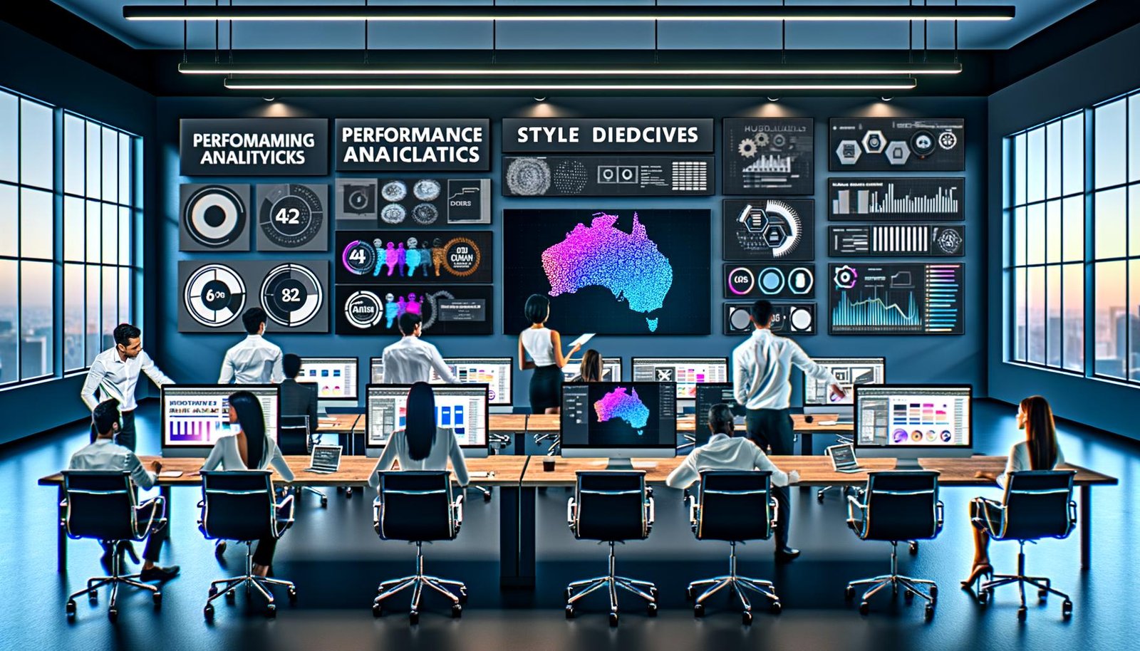 Marketingteam‑Workspace 2025 mit großen Monitoren, die vielfältige KI‑generierte Bilder zeigen; Performance‑Dashboards mit Grafiken, Seed‑Nummern und Prompt‑Notizen; Moodboards, Styleguides, Farbfächer sowie Tablets und Stifte; sichtbare Tools SDXL, ComfyUI, Adobe Firefly, IP‑Adapter; Mischung aus Kreativität, High‑Tech und Professionalität.