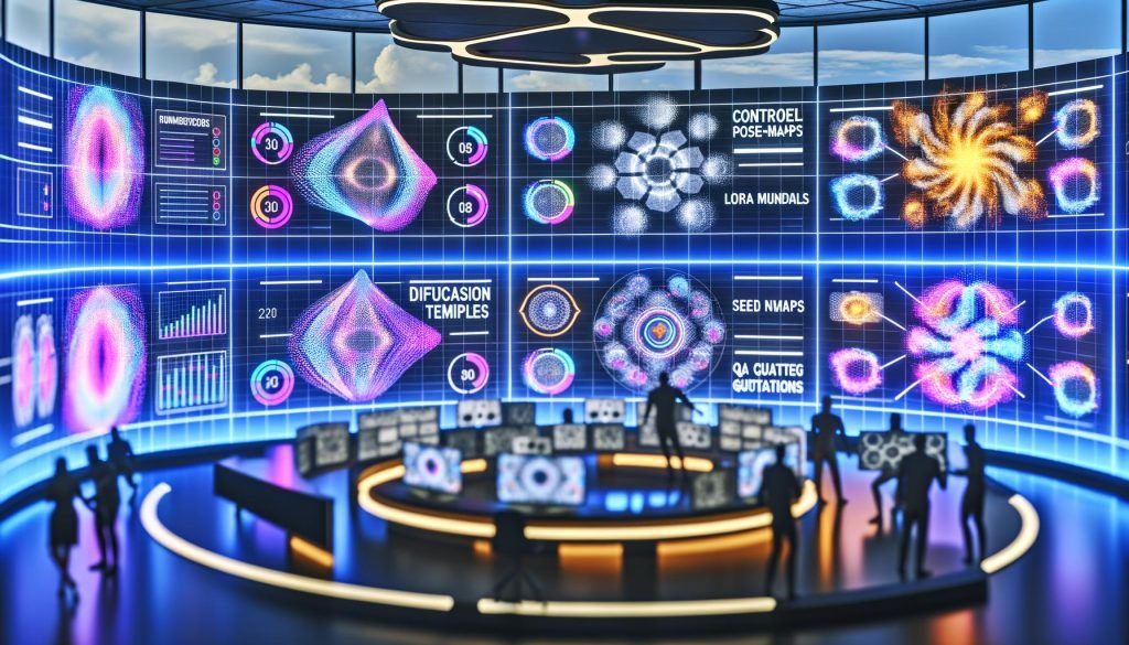 Futuristischer Marketing‑Kontrollraum: große Monitore mit KI‑generierten Bildern in verschiedenen Verfeinerungsstufen, Wireframes und farbcodierter Prompt‑Guidance; Marken‑Templates, Seed‑Nummern und technische Statistiken; Teams aus Marketing, Design und Engineering arbeiten an Tablets, während eine Pipeline von Dateninputs zu konsistent gebrandeten Visuals führt; Hologramme mit Diffusionswolken, ControlNet‑Pose‑Maps, LoRA‑Modulen und QA‑Checklisten.