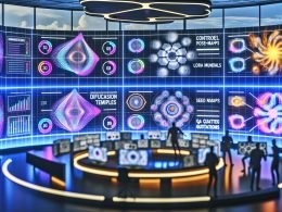 Futuristischer Marketing‑Kontrollraum: große Monitore mit KI‑generierten Bildern in verschiedenen Verfeinerungsstufen, Wireframes und farbcodierter Prompt‑Guidance; Marken‑Templates, Seed‑Nummern und technische Statistiken; Teams aus Marketing, Design und Engineering arbeiten an Tablets, während eine Pipeline von Dateninputs zu konsistent gebrandeten Visuals führt; Hologramme mit Diffusionswolken, ControlNet‑Pose‑Maps, LoRA‑Modulen und QA‑Checklisten.