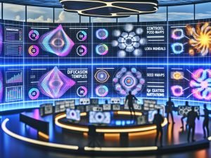 Futuristischer Marketing‑Kontrollraum: große Monitore mit KI‑generierten Bildern in verschiedenen Verfeinerungsstufen, Wireframes und farbcodierter Prompt‑Guidance; Marken‑Templates, Seed‑Nummern und technische Statistiken; Teams aus Marketing, Design und Engineering arbeiten an Tablets, während eine Pipeline von Dateninputs zu konsistent gebrandeten Visuals führt; Hologramme mit Diffusionswolken, ControlNet‑Pose‑Maps, LoRA‑Modulen und QA‑Checklisten.