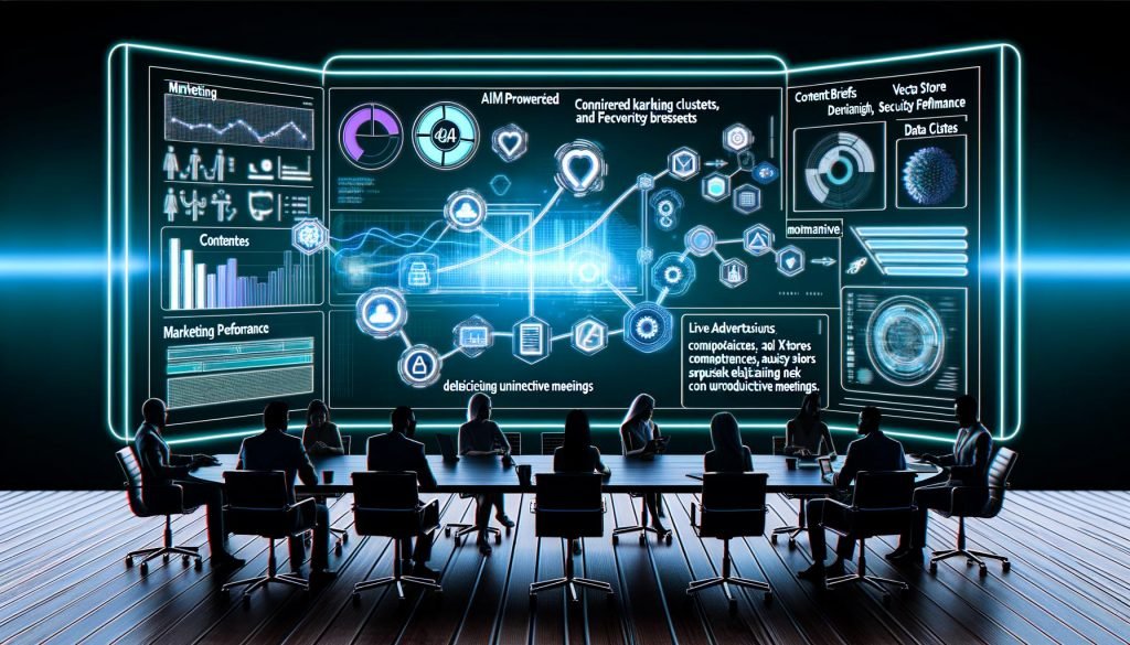 Modernes, aufgeräumtes Büro mit zentralem Digital-Dashboard: verknüpfte Marketing-Analysen, technische KPIs und Datenströme; UI-Overlays zu KI-Keyword-Clustern, Content-Briefings, Live-Ad-Performance und Security; Datenpipelines zwischen LLMs, Vektor-Stores, APIs und Monitoring; Symbole für Compliance, Audit-Logs und Privacy; Marketer, Developer und Data Analyst arbeiten kollaborativ und fokussiert.