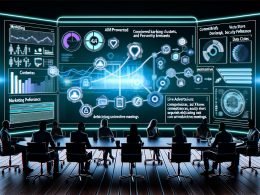 Modernes, aufgeräumtes Büro mit zentralem Digital-Dashboard: verknüpfte Marketing-Analysen, technische KPIs und Datenströme; UI-Overlays zu KI-Keyword-Clustern, Content-Briefings, Live-Ad-Performance und Security; Datenpipelines zwischen LLMs, Vektor-Stores, APIs und Monitoring; Symbole für Compliance, Audit-Logs und Privacy; Marketer, Developer und Data Analyst arbeiten kollaborativ und fokussiert.