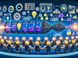 Modernes KI-Marketing-Setup mit Bildschirmen voller generativer Visuals und Dashboards; Förderband-Pipeline formt Prompts zu Anzeigen; schwebende KPIs und EU-Compliance-Symbole.