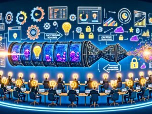 Modernes KI-Marketing-Setup mit Bildschirmen voller generativer Visuals und Dashboards; Förderband-Pipeline formt Prompts zu Anzeigen; schwebende KPIs und EU-Compliance-Symbole.