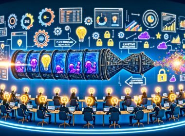 Modernes KI-Marketing-Setup mit Bildschirmen voller generativer Visuals und Dashboards; Förderband-Pipeline formt Prompts zu Anzeigen; schwebende KPIs und EU-Compliance-Symbole.