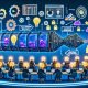 Modernes KI-Marketing-Setup mit Bildschirmen voller generativer Visuals und Dashboards; Förderband-Pipeline formt Prompts zu Anzeigen; schwebende KPIs und EU-Compliance-Symbole.