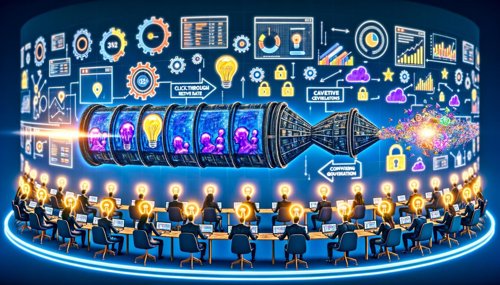 Modernes KI-Marketing-Setup mit Bildschirmen voller generativer Visuals und Dashboards; Förderband-Pipeline formt Prompts zu Anzeigen; schwebende KPIs und EU-Compliance-Symbole.