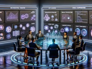 Futuristischer War Room mit vielfältigem Digitalmarketing‑Team um einen großen interaktiven Tisch; transparente Datenströme, schwebende Diagramme, GenAI‑Content‑Screens und Wanddisplays mit Pipelines, KPI‑Dashboards, Datenschutzsymbolen und Compliance‑Checklisten; im Hintergrund Serverracks, Code‑Snippets, Einwilligungs‑Icons und Feedback‑Loops; sachliche, konzentrierte Stimmung.