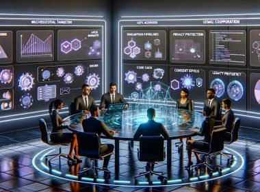Futuristischer War Room mit vielfältigem Digitalmarketing‑Team um einen großen interaktiven Tisch; transparente Datenströme, schwebende Diagramme, GenAI‑Content‑Screens und Wanddisplays mit Pipelines, KPI‑Dashboards, Datenschutzsymbolen und Compliance‑Checklisten; im Hintergrund Serverracks, Code‑Snippets, Einwilligungs‑Icons und Feedback‑Loops; sachliche, konzentrierte Stimmung.