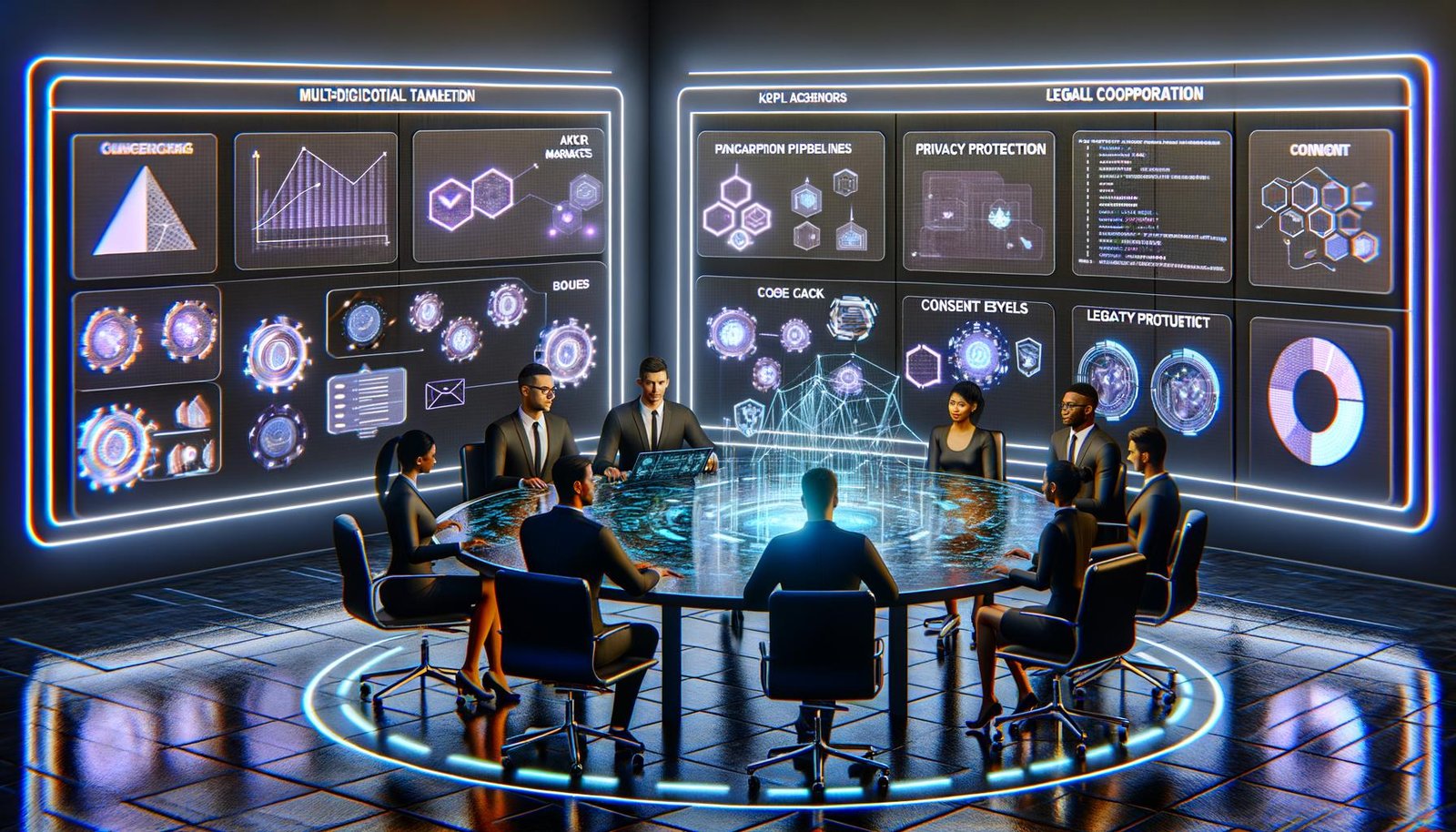 Futuristischer War Room mit vielfältigem Digitalmarketing‑Team um einen großen interaktiven Tisch; transparente Datenströme, schwebende Diagramme, GenAI‑Content‑Screens und Wanddisplays mit Pipelines, KPI‑Dashboards, Datenschutzsymbolen und Compliance‑Checklisten; im Hintergrund Serverracks, Code‑Snippets, Einwilligungs‑Icons und Feedback‑Loops; sachliche, konzentrierte Stimmung.