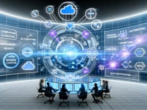 Eleganter, futuristischer Microsoft-Workspace mit schwebenden Hologramm-UIs über einem diversen Team aus Marketing und IT; Azure-Cloud, KI-Netzwerkflüsse und Datenseen konvergieren, verbinden Copilot-, Dynamics 365-, Fabric- und OpenAI-Icons; Binärcode und Vektorsuche-Visualisierungen stehen für Automatisierung, Compliance und schnelle Iteration.