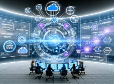 Eleganter, futuristischer Microsoft-Workspace mit schwebenden Hologramm-UIs über einem diversen Team aus Marketing und IT; Azure-Cloud, KI-Netzwerkflüsse und Datenseen konvergieren, verbinden Copilot-, Dynamics 365-, Fabric- und OpenAI-Icons; Binärcode und Vektorsuche-Visualisierungen stehen für Automatisierung, Compliance und schnelle Iteration.