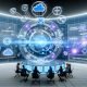 Eleganter, futuristischer Microsoft-Workspace mit schwebenden Hologramm-UIs über einem diversen Team aus Marketing und IT; Azure-Cloud, KI-Netzwerkflüsse und Datenseen konvergieren, verbinden Copilot-, Dynamics 365-, Fabric- und OpenAI-Icons; Binärcode und Vektorsuche-Visualisierungen stehen für Automatisierung, Compliance und schnelle Iteration.