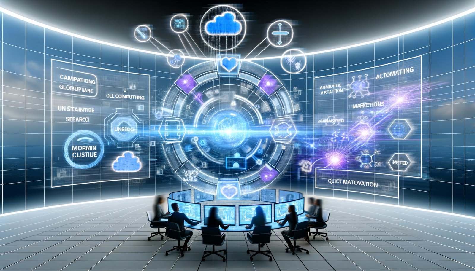 Eleganter, futuristischer Microsoft-Workspace mit schwebenden Hologramm-UIs über einem diversen Team aus Marketing und IT; Azure-Cloud, KI-Netzwerkflüsse und Datenseen konvergieren, verbinden Copilot-, Dynamics 365-, Fabric- und OpenAI-Icons; Binärcode und Vektorsuche-Visualisierungen stehen für Automatisierung, Compliance und schnelle Iteration.